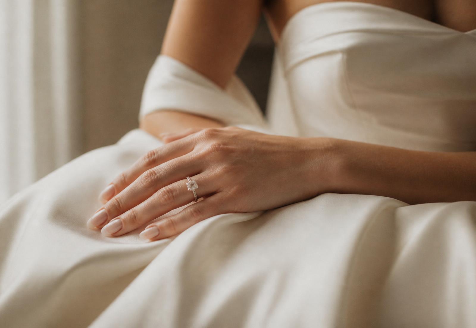 Gold wedding bands resting on travertine