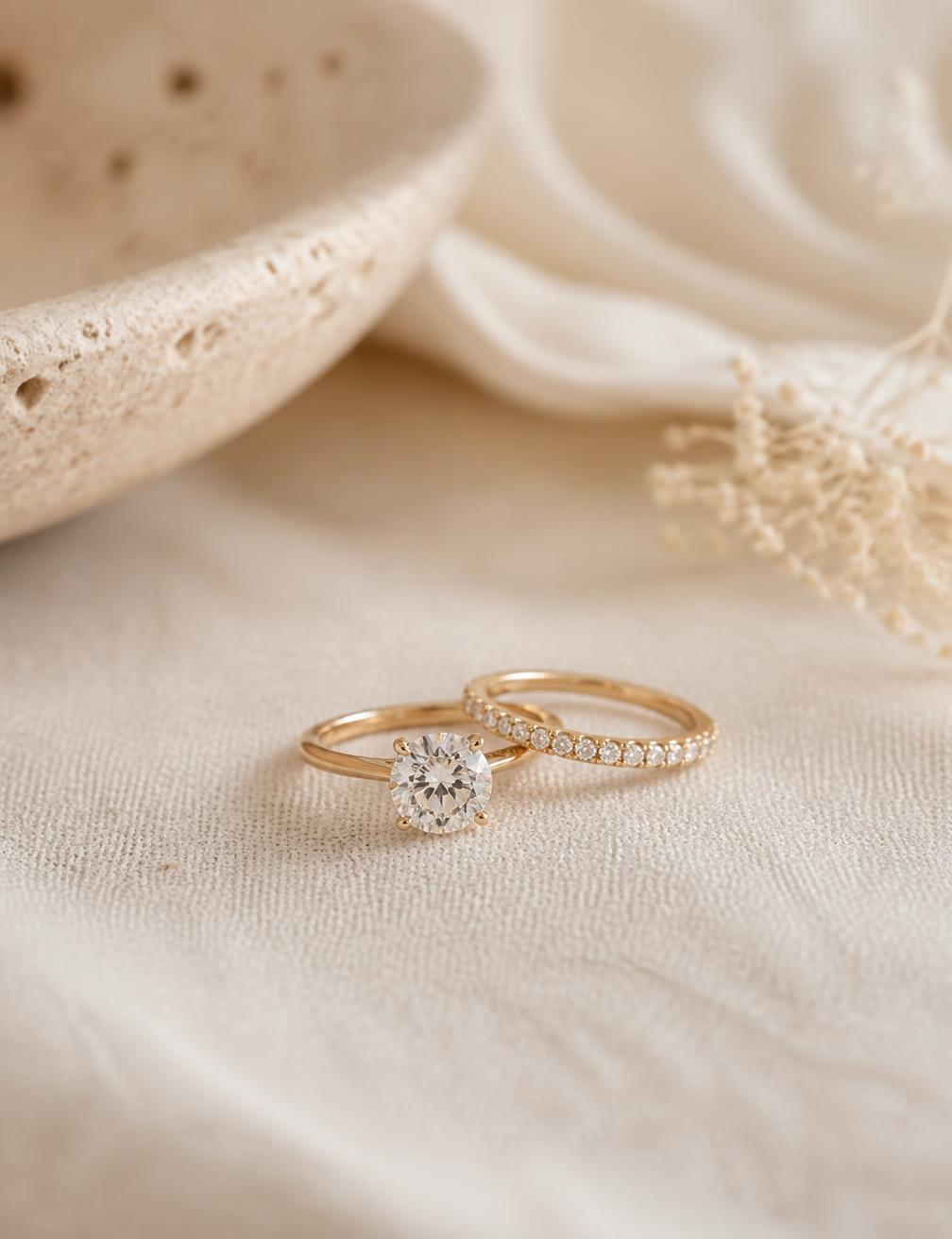 Solitaire engagement ring and wedding band on cream linen