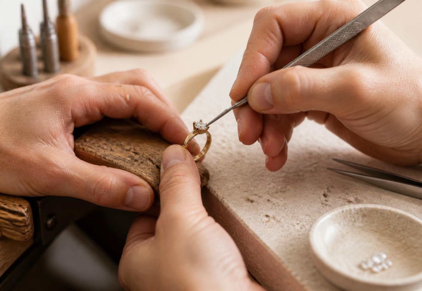 Jeweller setting a diamond at the bench