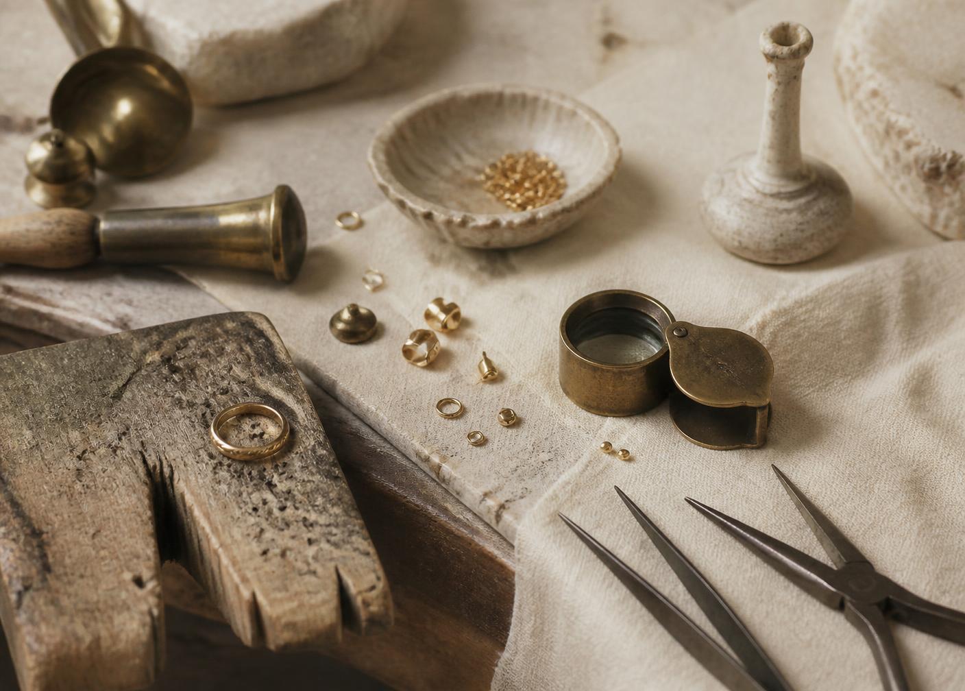 Antique gold jewellery on cream linen